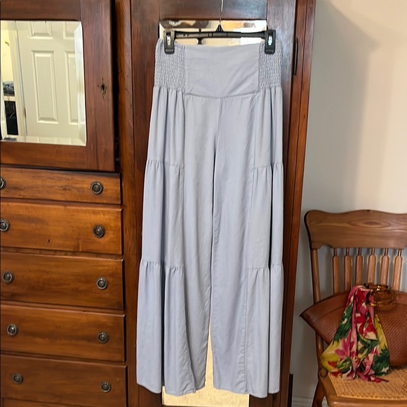 Pants - Light Blue Wide-Leg Linen Blend